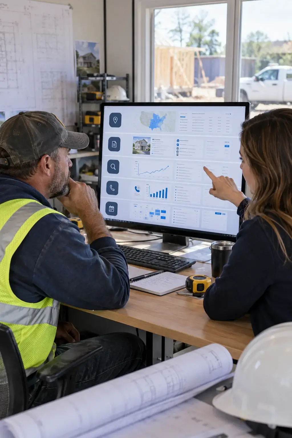 A contractor in a hi-vis vest and a consultant reviewing a lead-tracking dashboard on a monitor in a site office