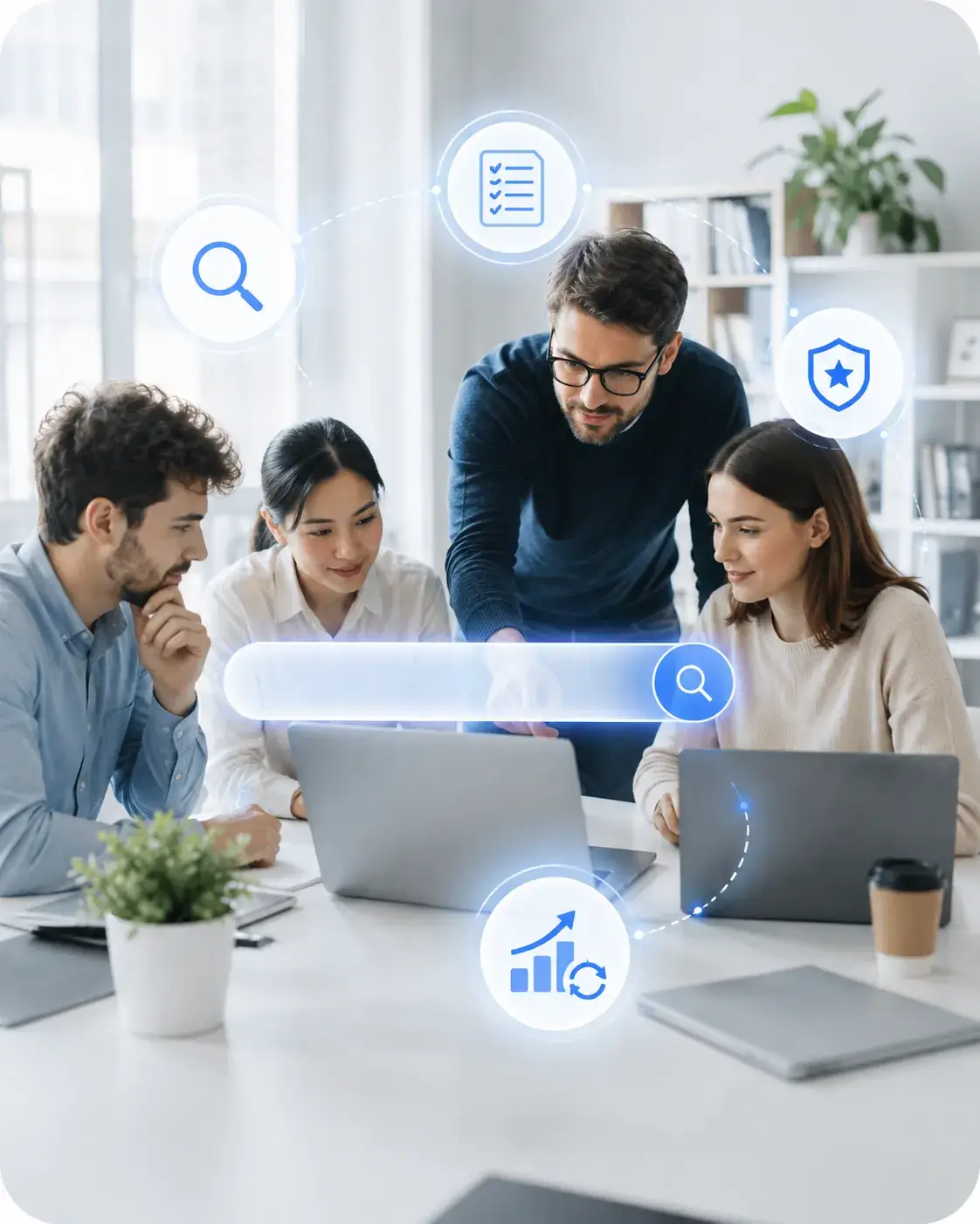 A team reviewing AI search results together, with search, ranking and security icons overlaid