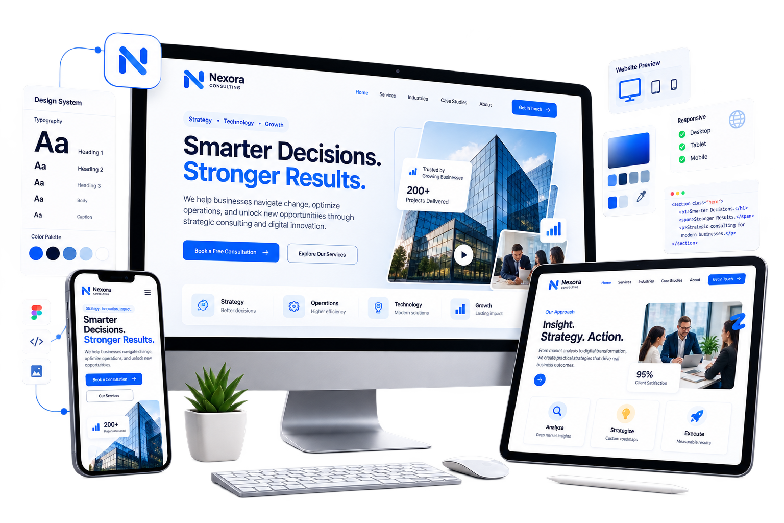 Website design and development, a responsive site shown across desktop, tablet and mobile alongside its design system