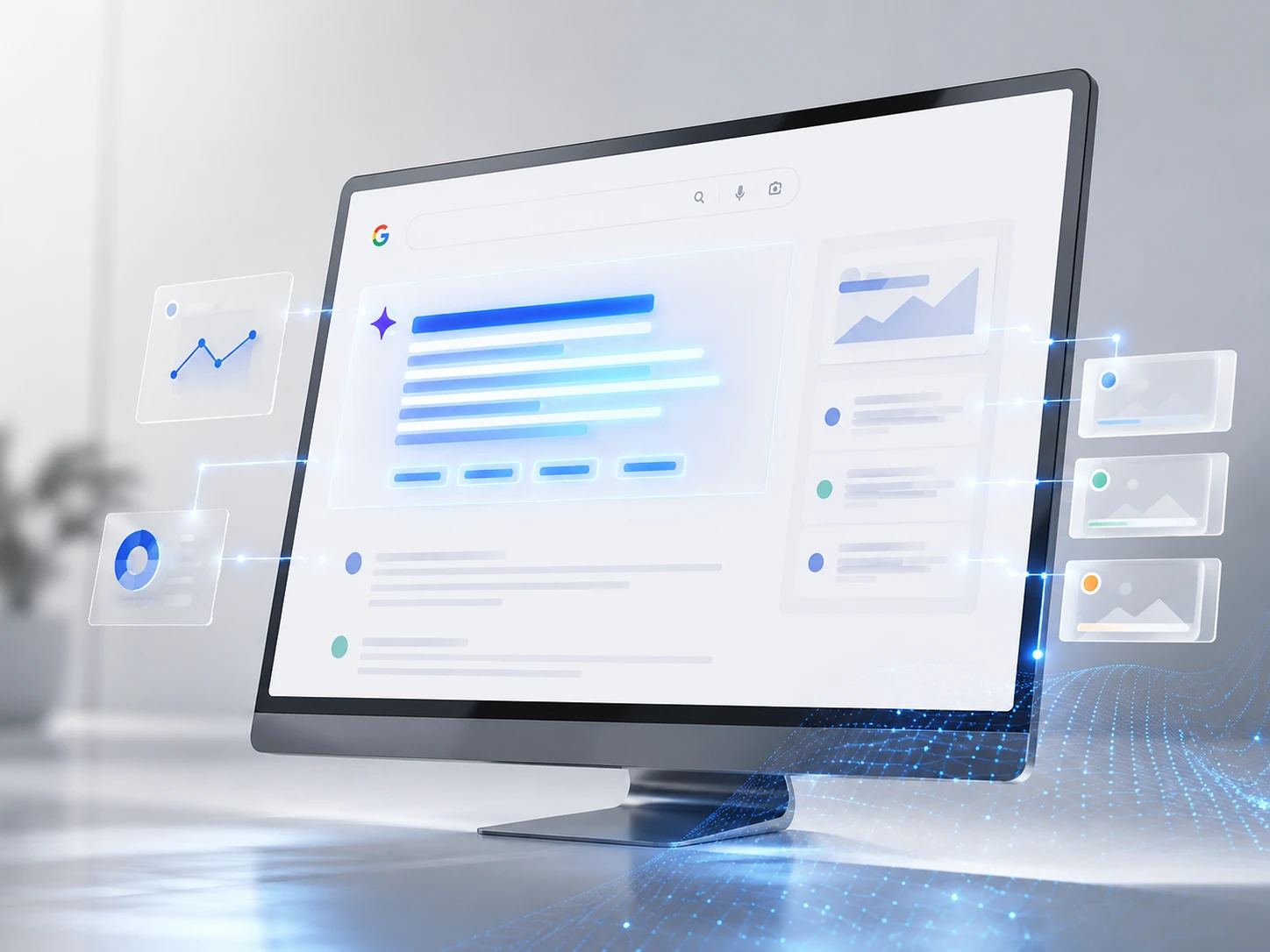 A desktop monitor showing a Google search results page with an AI-generated answer, surrounded by floating data and chart cards