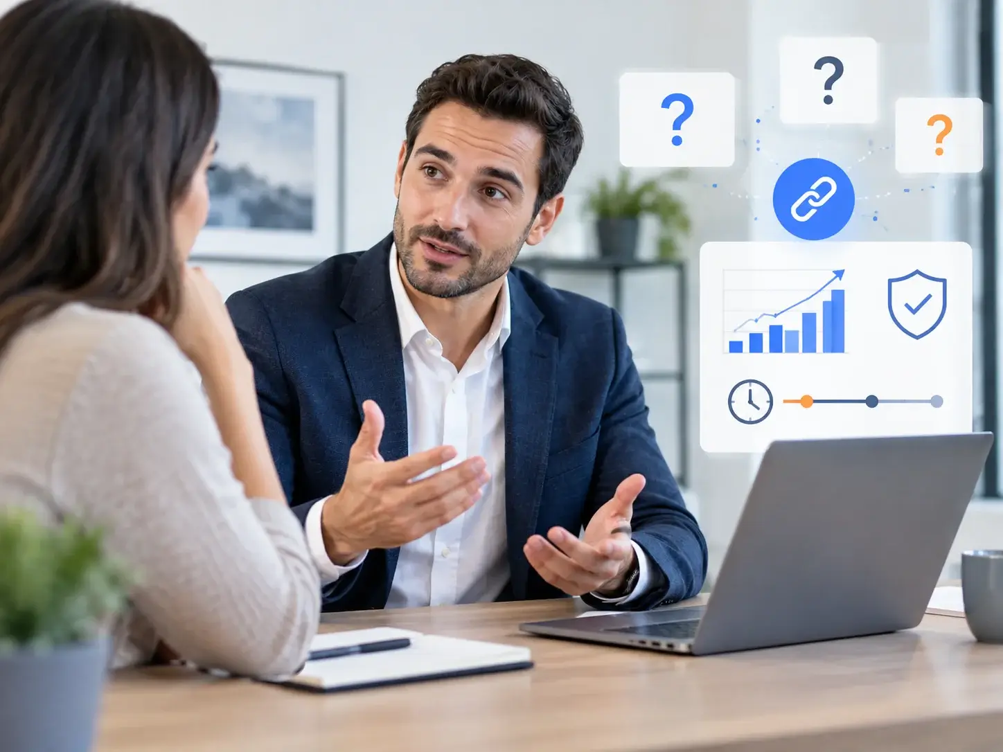 An advisor talking a client through link building, with question-mark cards, a chain-link icon, a growth chart, a shield check and a timeline
