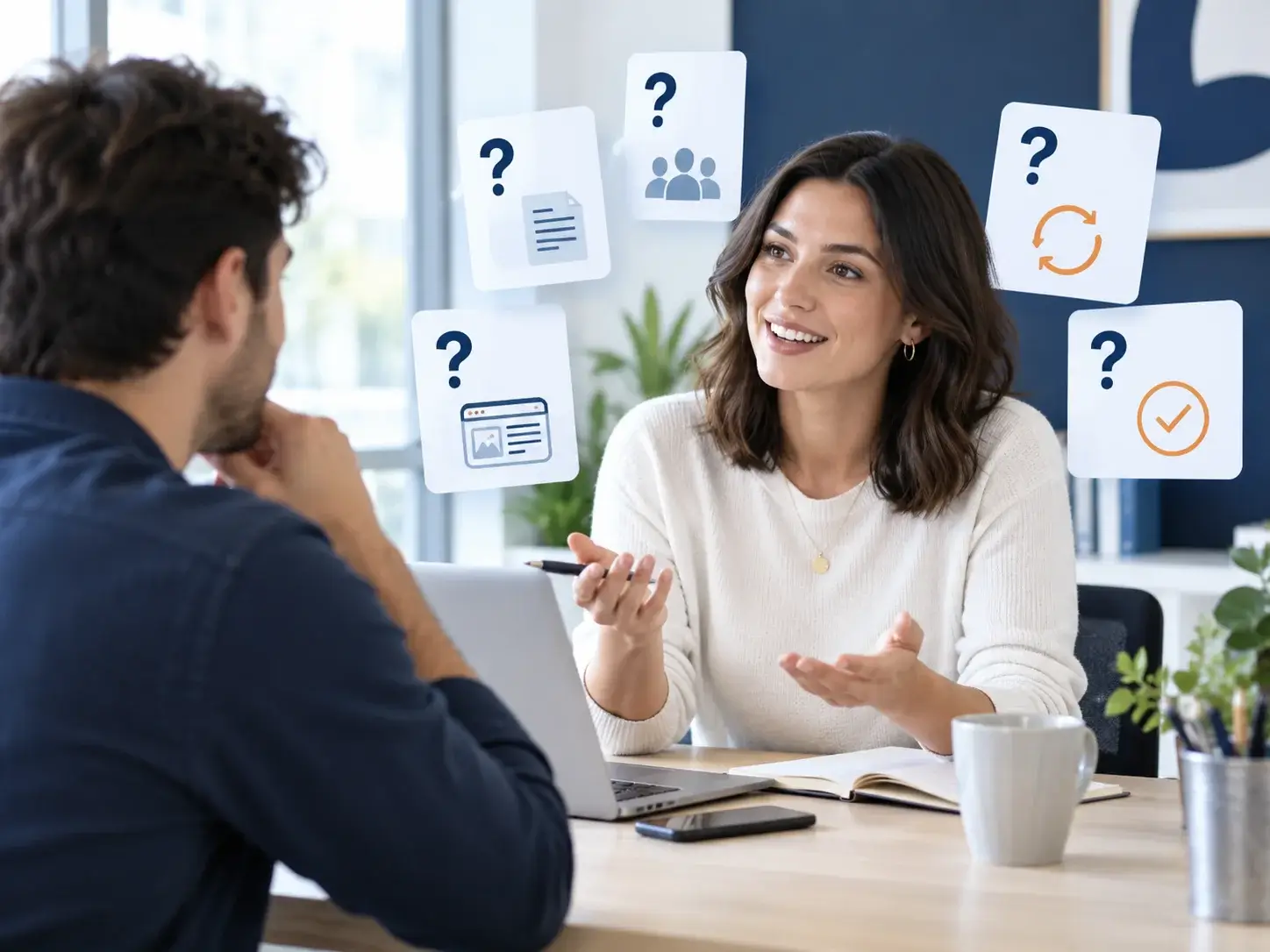 An advisor answering a client's questions about copywriting, with floating question-mark cards for drafts, revisions and tone