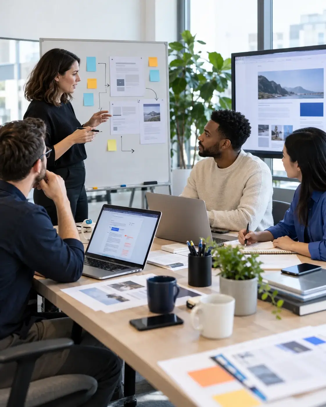 A copy team reviewing drafts and messaging around a table, with page and email mockups and edits marked up on printouts