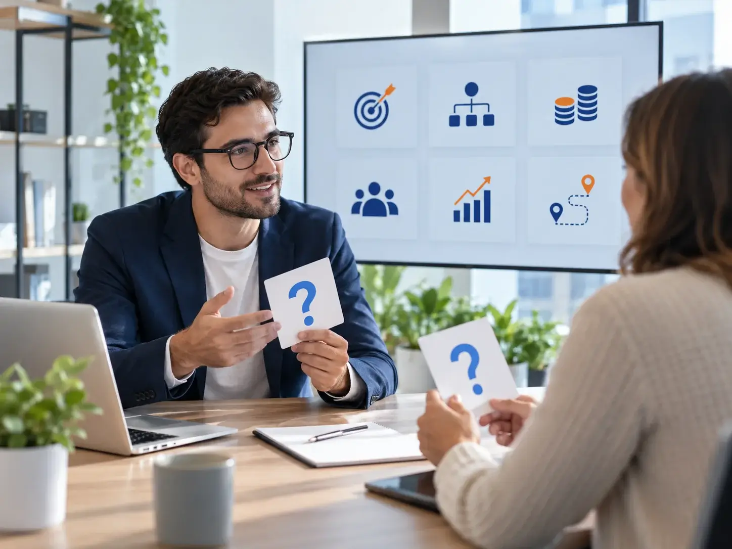 An advisor answering a client's questions about digital marketing consulting, with floating question-mark cards for scope, channels and reporting