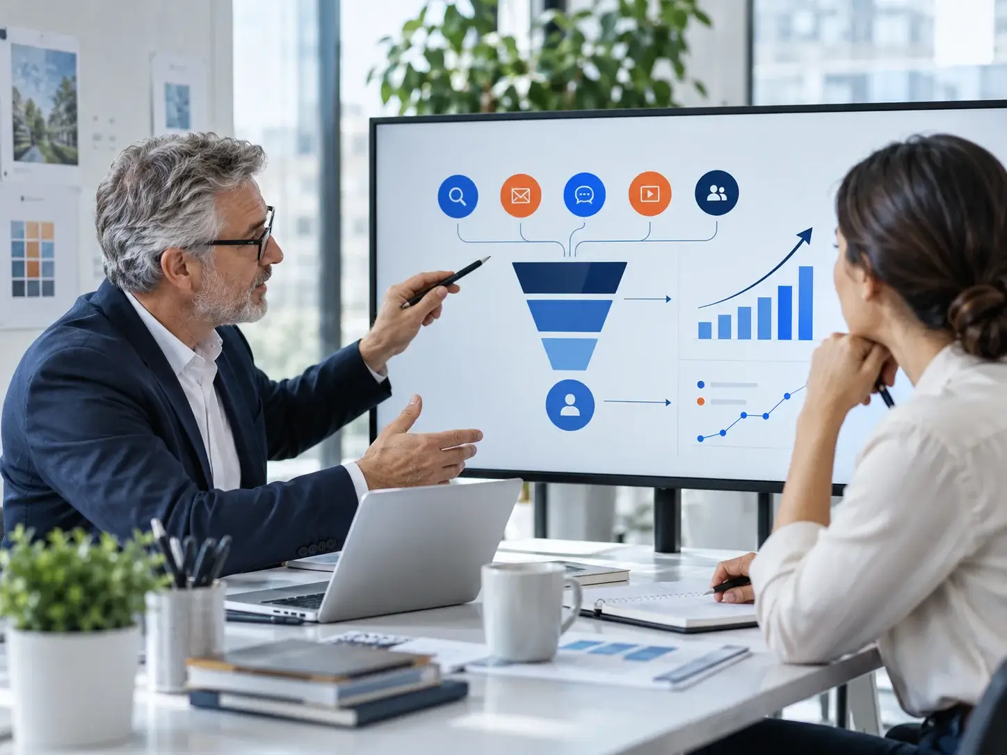A consultant and a client reviewing a digital marketing strategy on screen, with channel, funnel and results panels around it