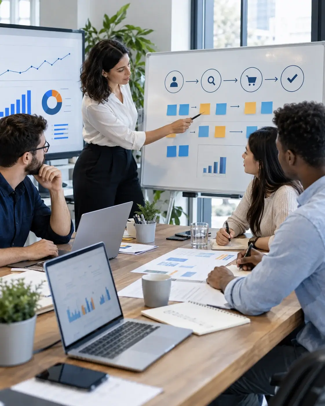 A consulting team mapping a marketing strategy at a wall screen, with a channel funnel, a workflow diagram and KPI charts