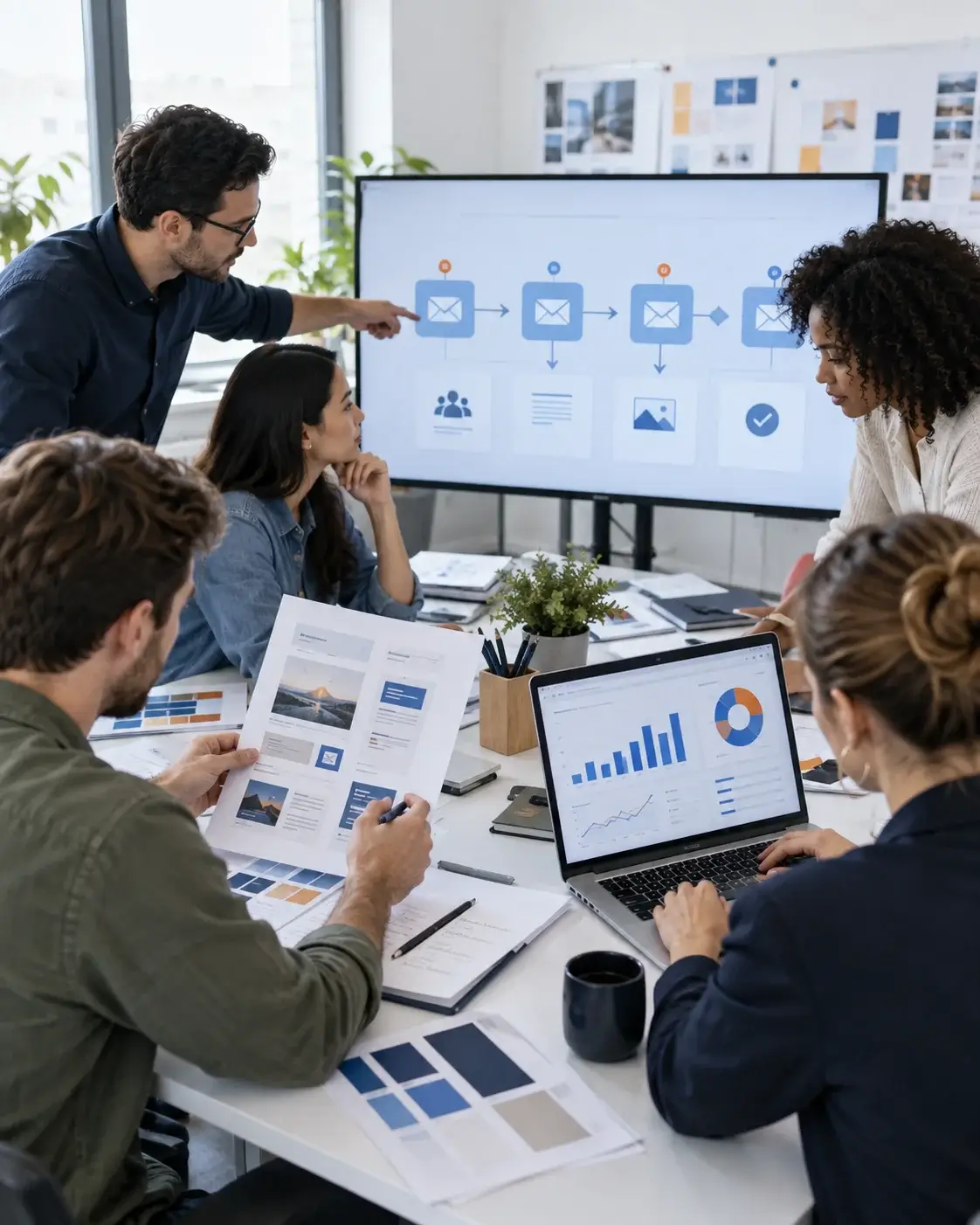 A team reviewing an email programme at a wall screen (a multi-step automation flow with audience, content and send stages) plus open-rate charts