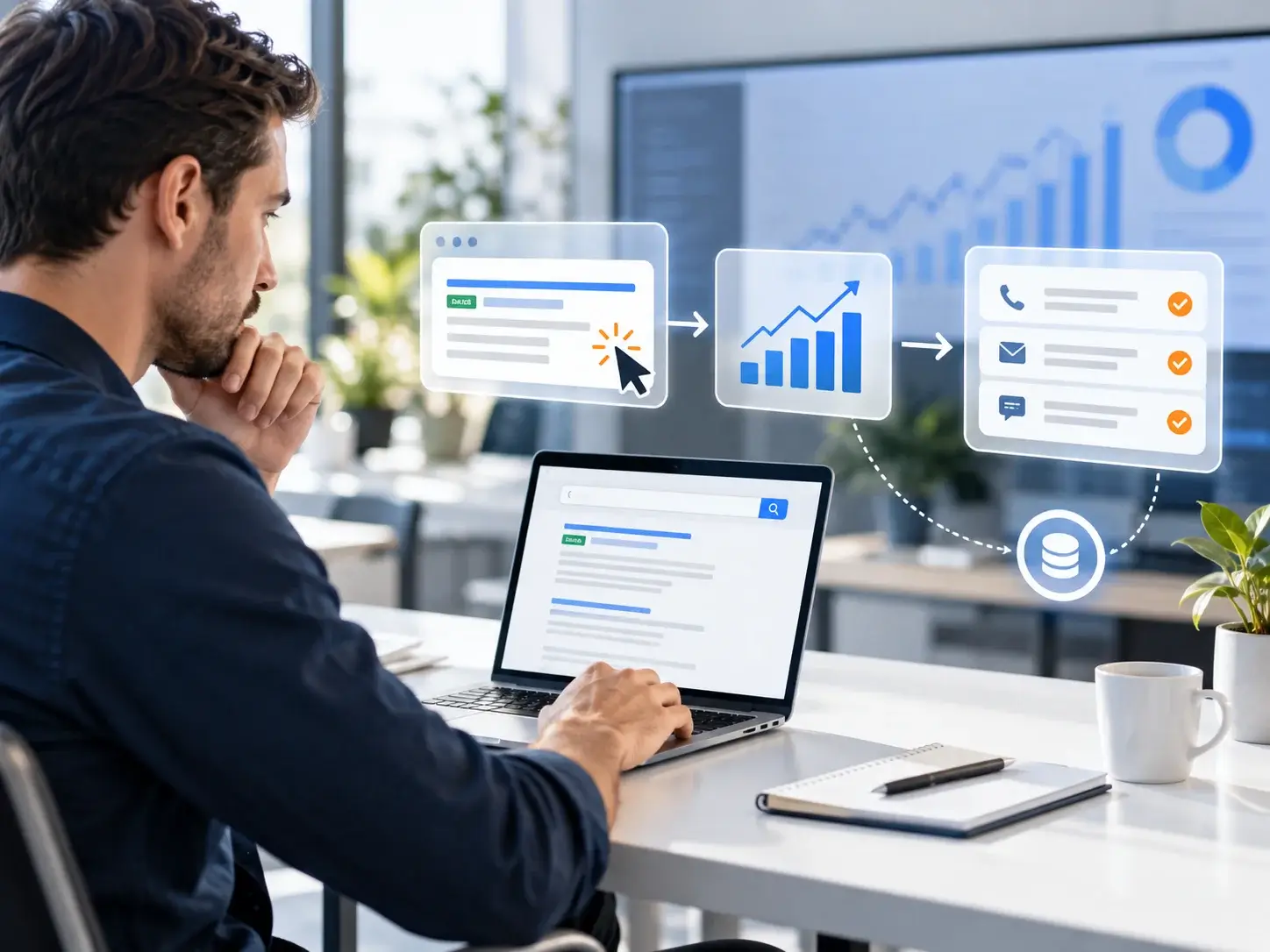 A marketer reviewing a Google Ads campaign on screen (keywords, ad copy and a cost-per-lead chart) with performance cards floating alongside