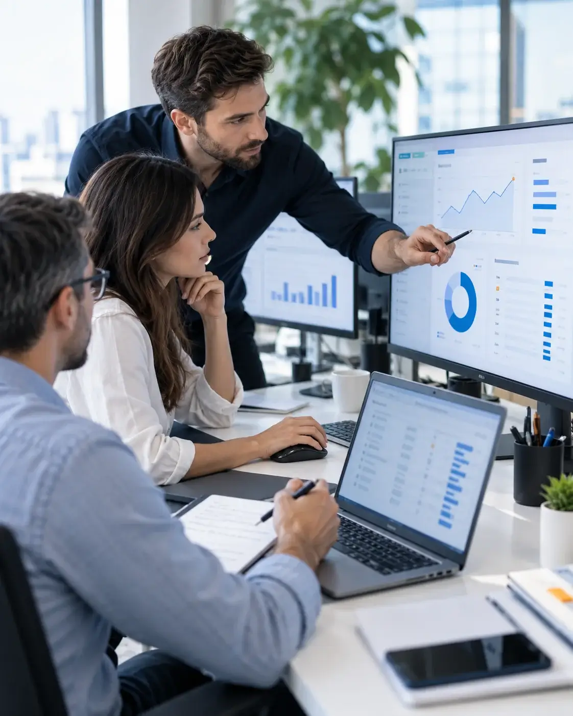 A team reviewing a Google Ads account at a wall screen, campaign structure and a rising performance chart, with reports on the table