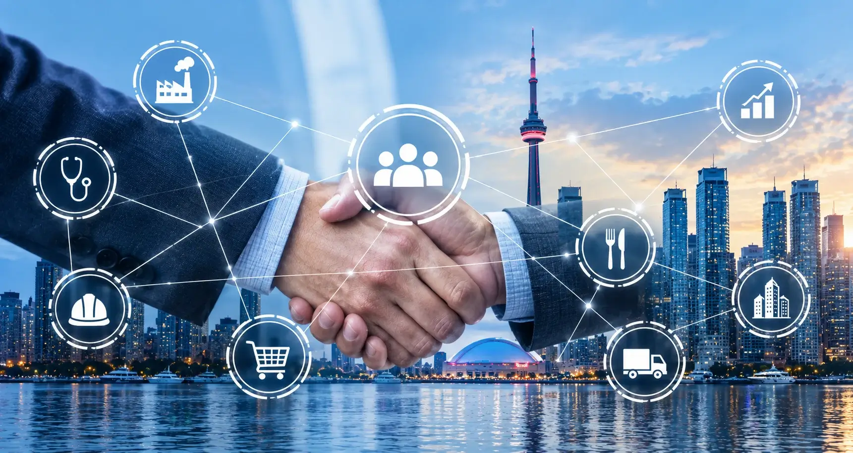 A business handshake in front of the Toronto skyline, overlaid with icons for the industries The Leads Hub works with