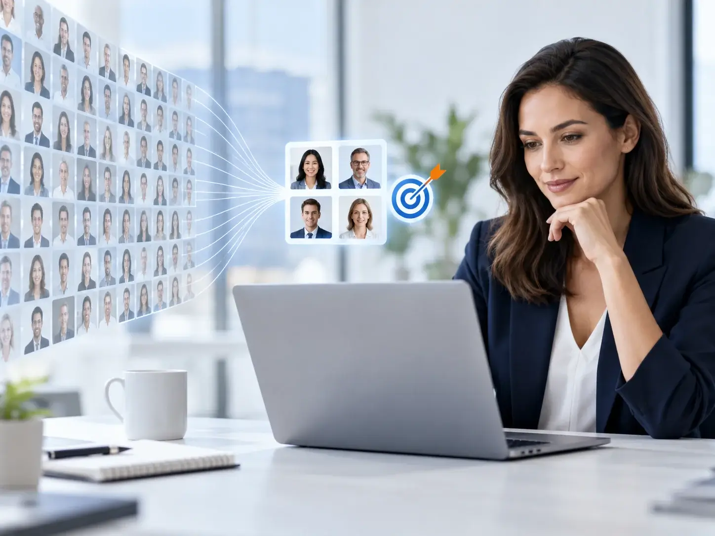A marketer setting up a LinkedIn Ads campaign on a laptop, targeting by job title and company, with audience and results panels beside the screen
