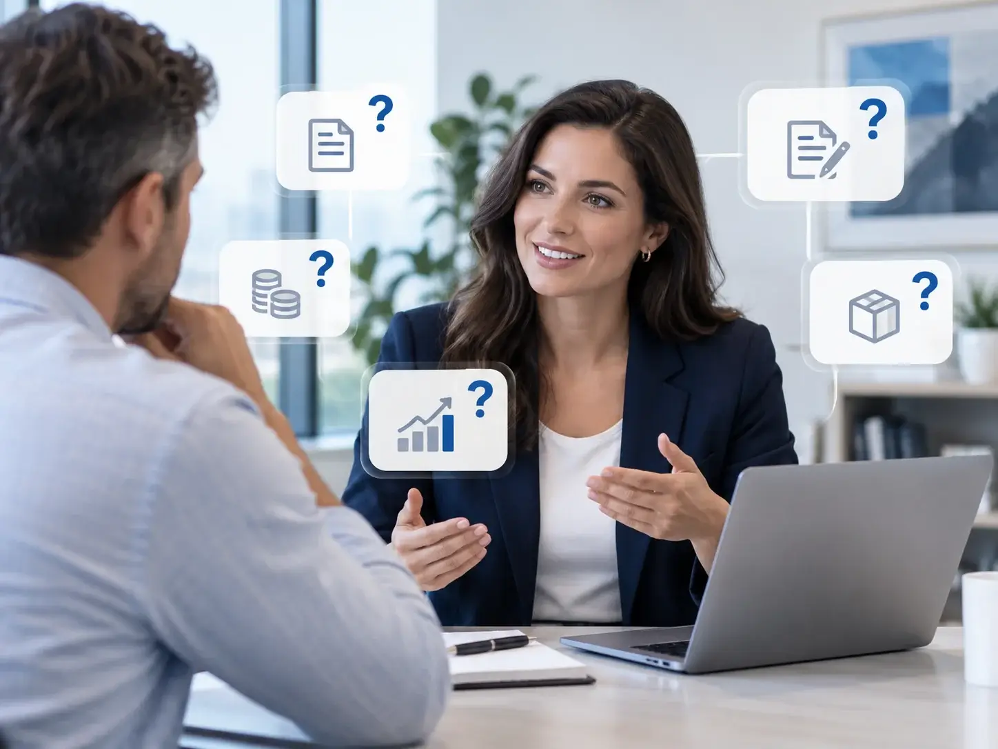 An advisor answering a client's questions about monthly SEO, with floating question-mark cards for timelines, reporting and deliverables