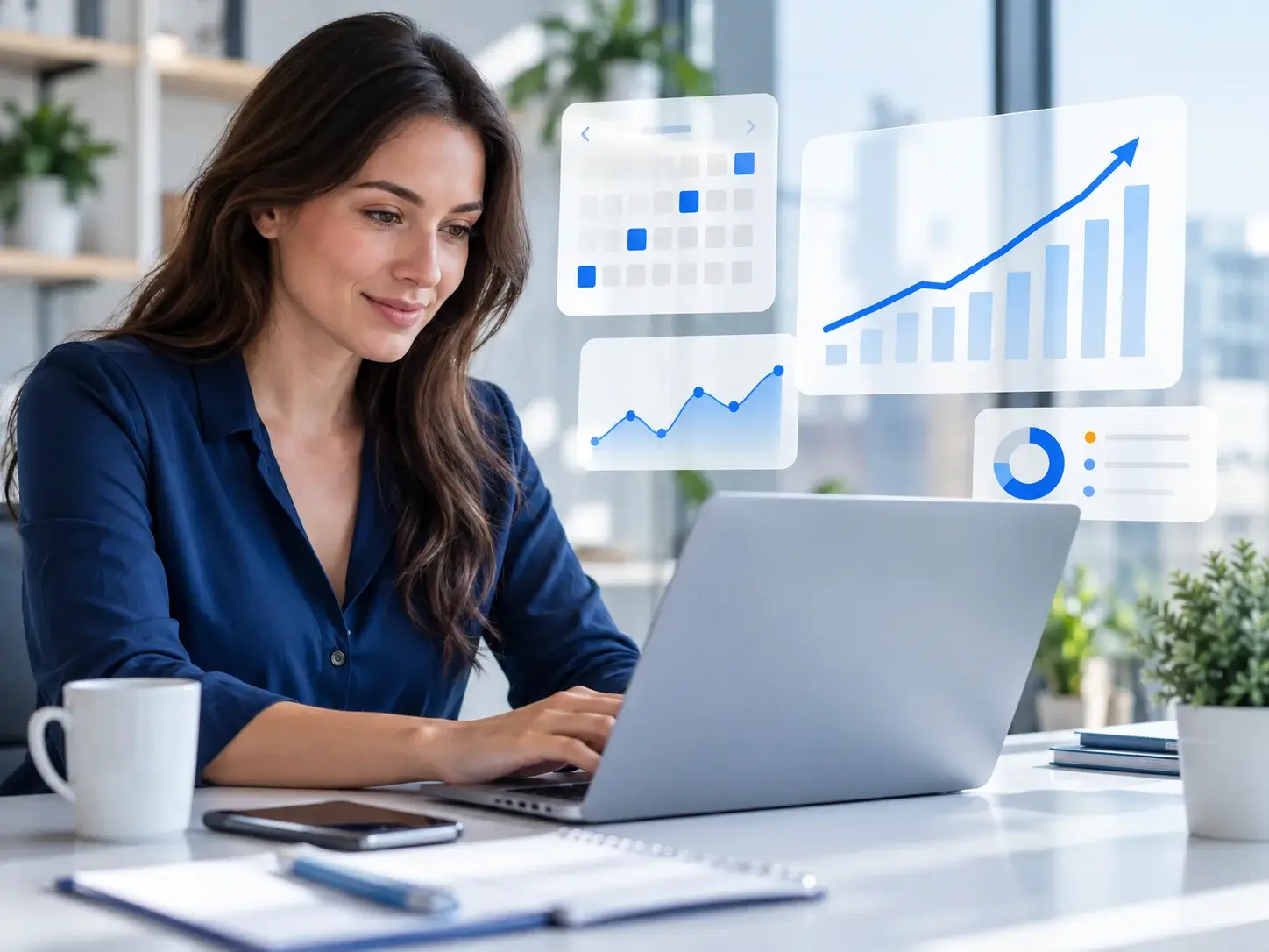 A consultant reviewing a monthly SEO report on screen (rankings, traffic and tasks completed) with progress charts floating alongside