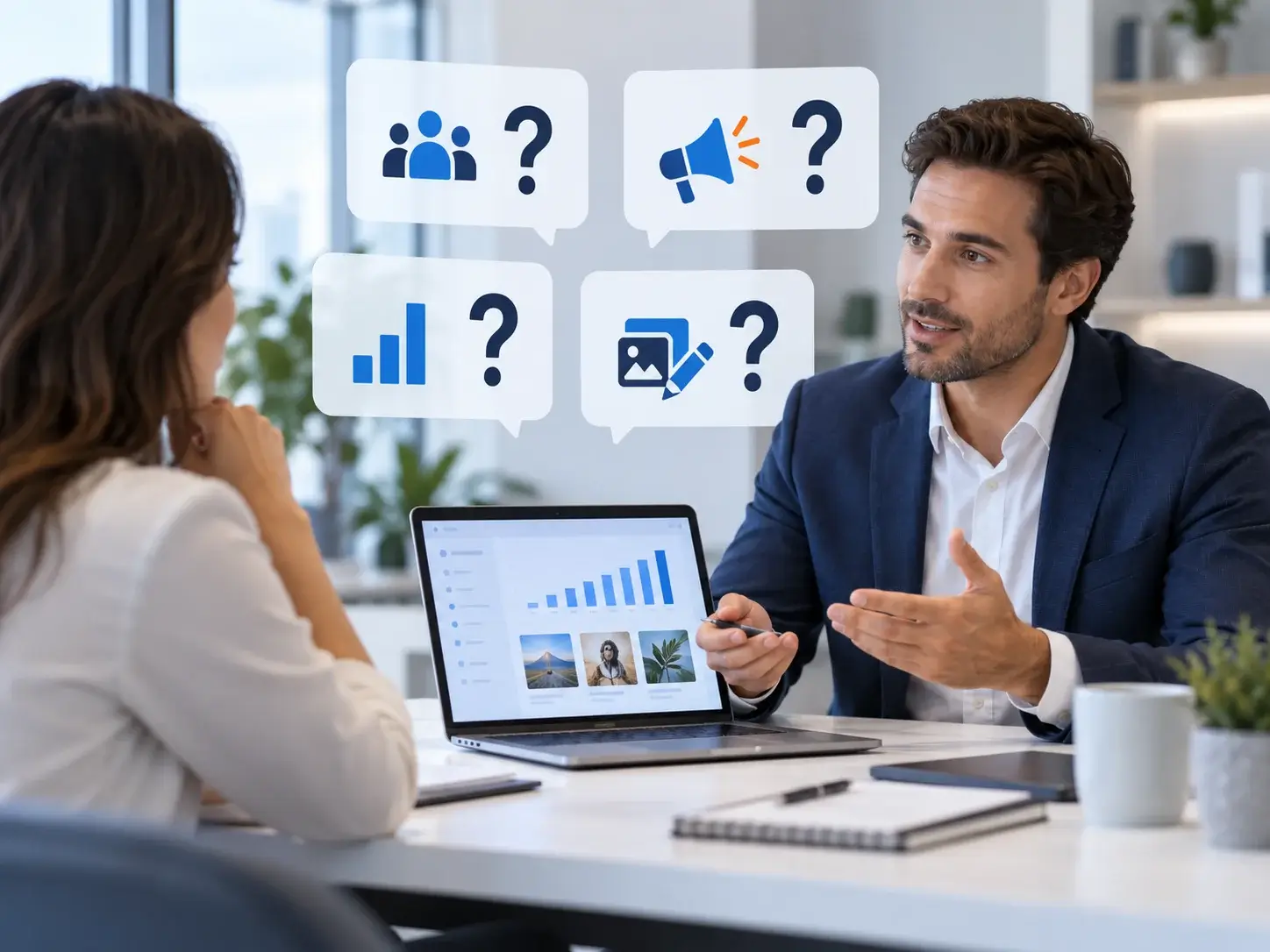 An advisor answering a client's questions about social media advertising, with floating question-mark cards for platforms, budget and targeting