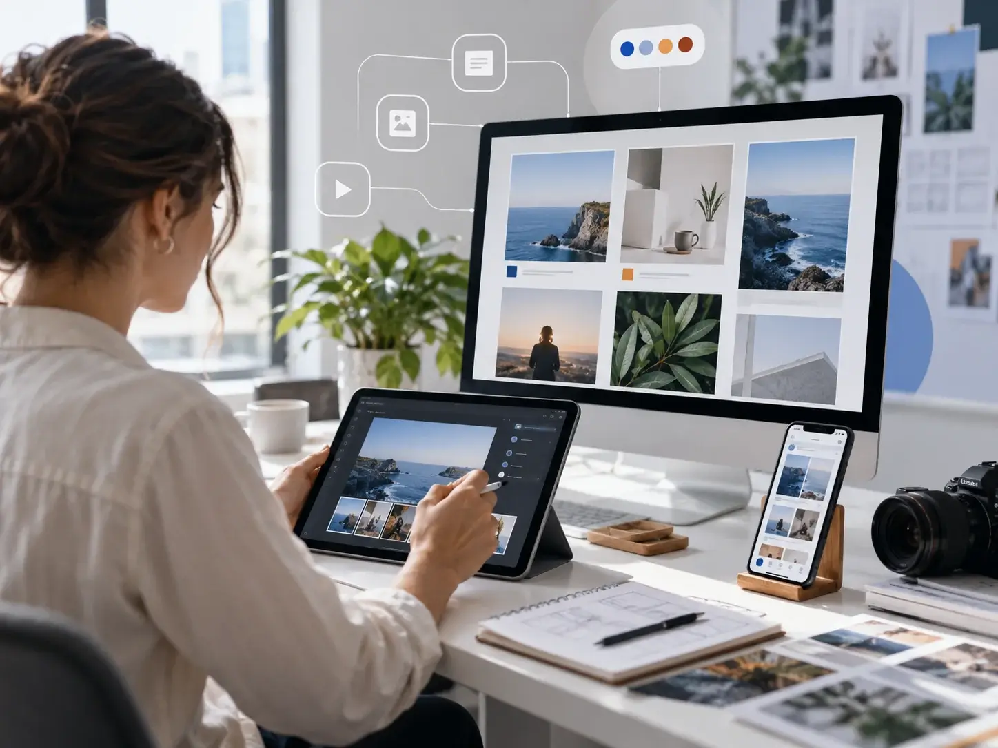 A creator planning a social content grid on screen, with post mockups, captions and a posting schedule floating beside the desk
