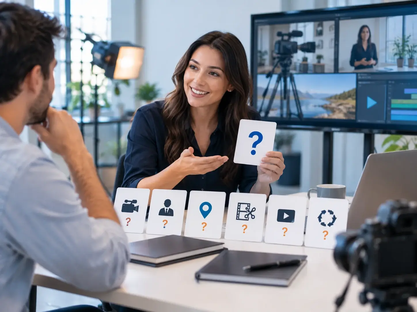 An advisor answering a client's questions about video marketing, with floating question-mark cards for scripting, filming and distribution