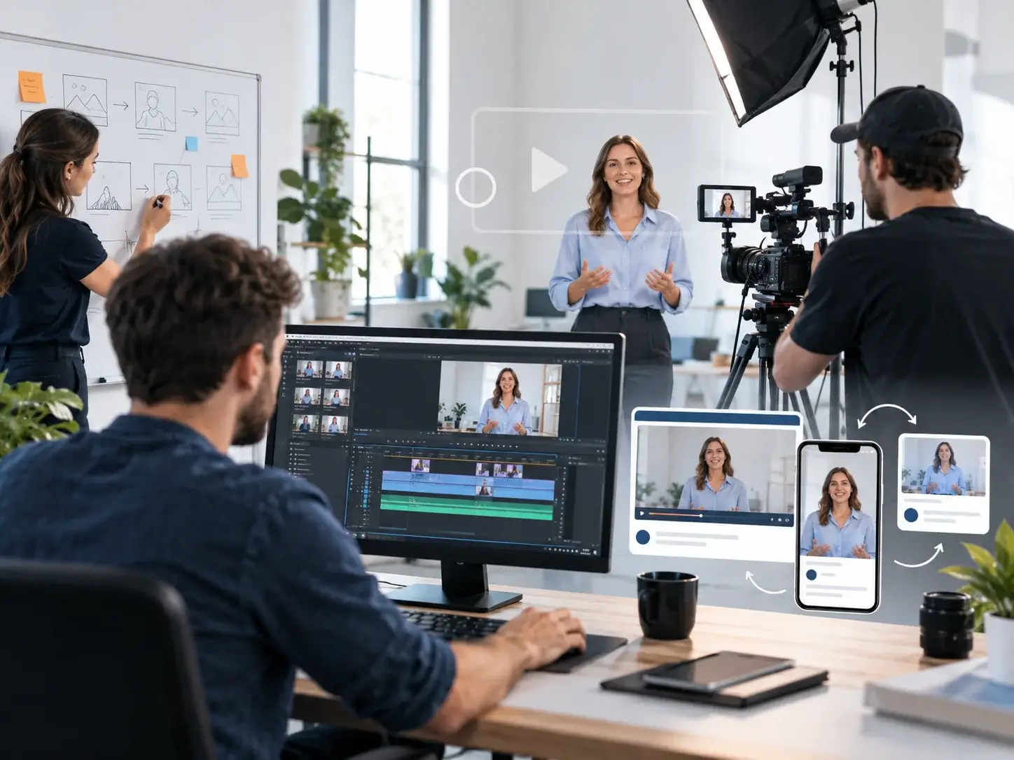 A video shoot in a studio, a presenter on camera under a softbox, with an editor at an editing timeline and storyboard frames on the desk