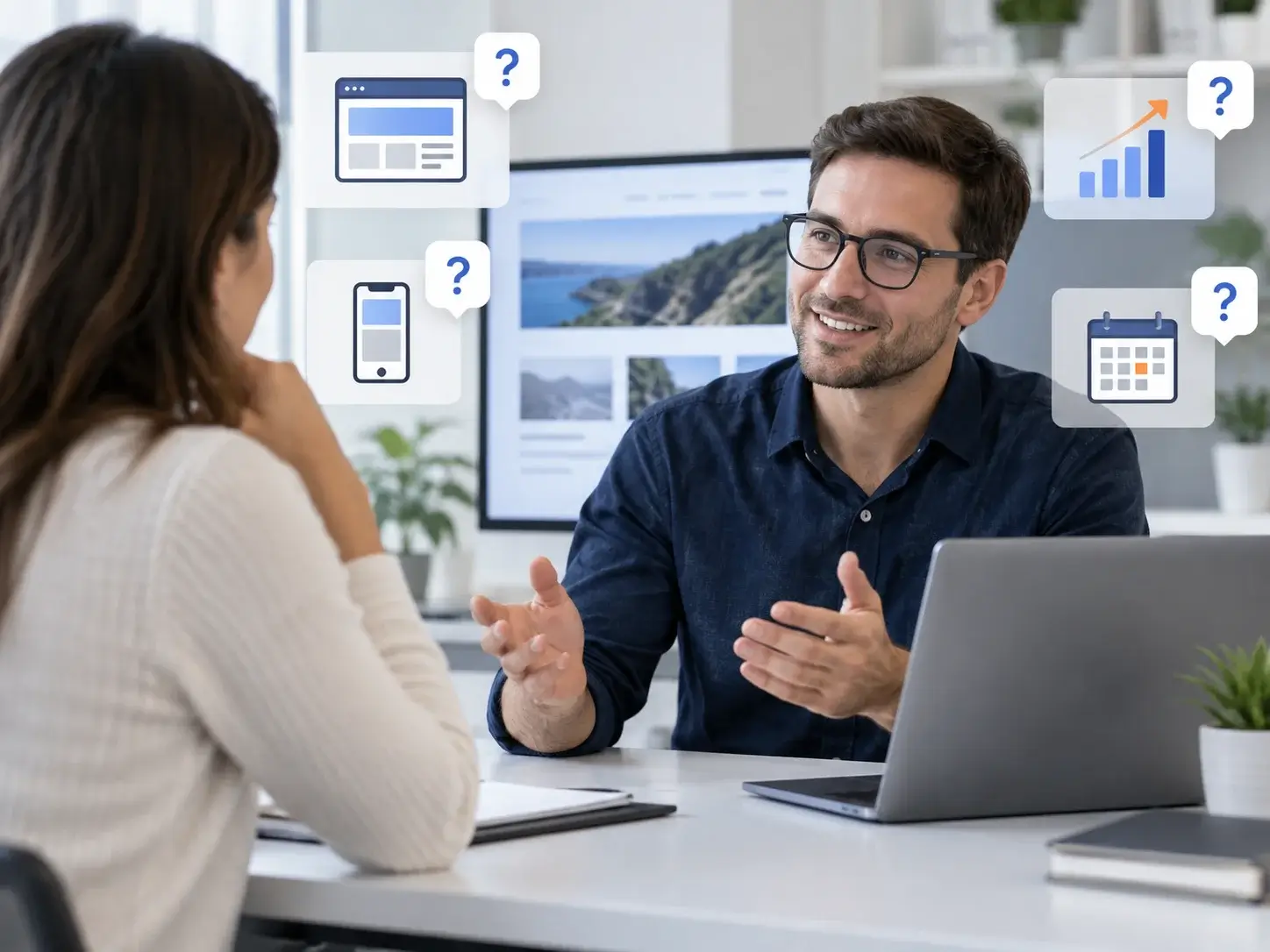 An advisor answering a client's questions about website design, with floating question-mark cards for scope, timeline and content