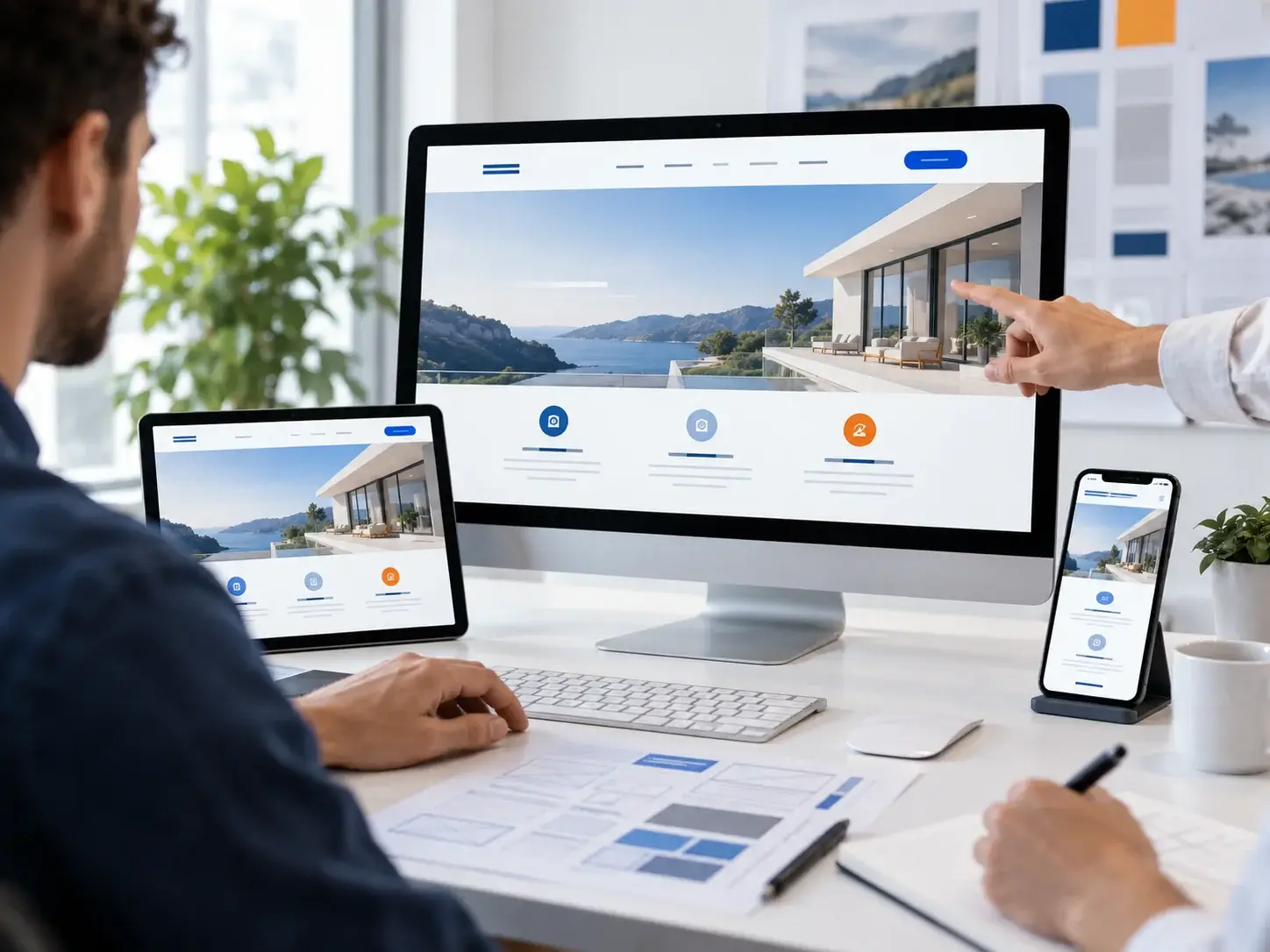 A designer and a client reviewing a new website across desktop, tablet and phone, with wireframes and layout blocks on the desk