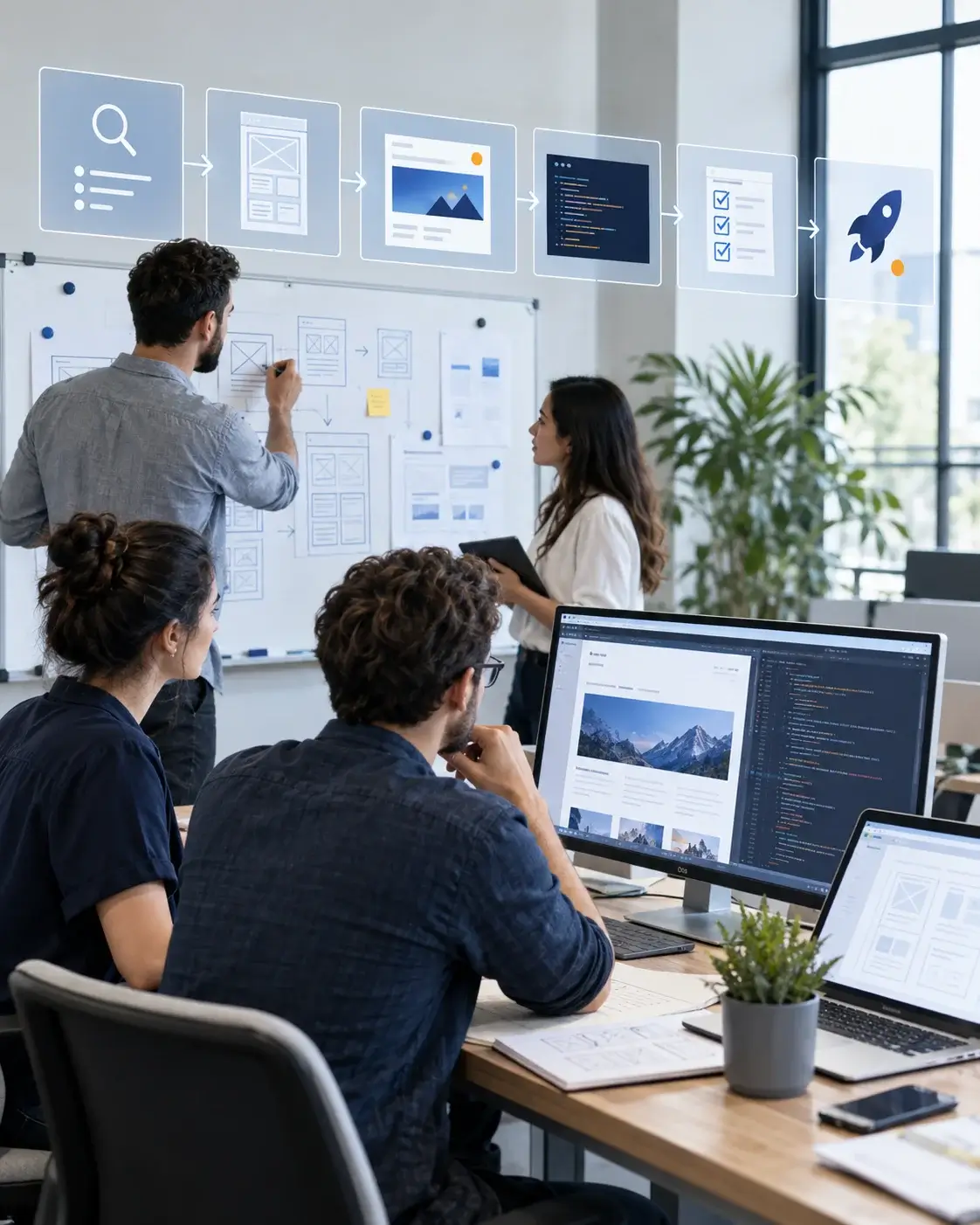 A web team reviewing the site build at a screen, page structure and a rising traffic chart, with wireframes on the table