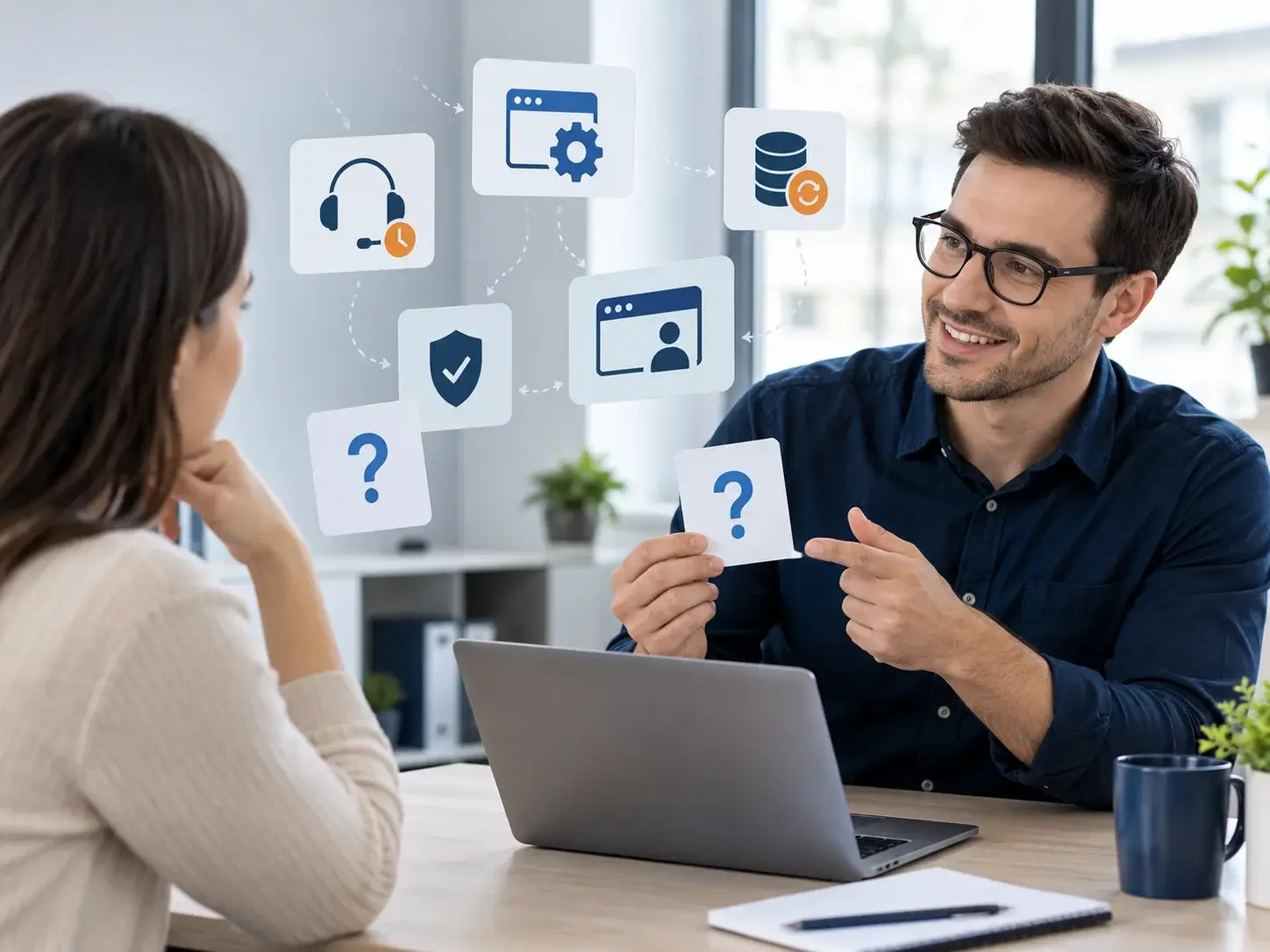 An advisor answering a client's questions about website maintenance, with floating question-mark cards for updates, backups and support