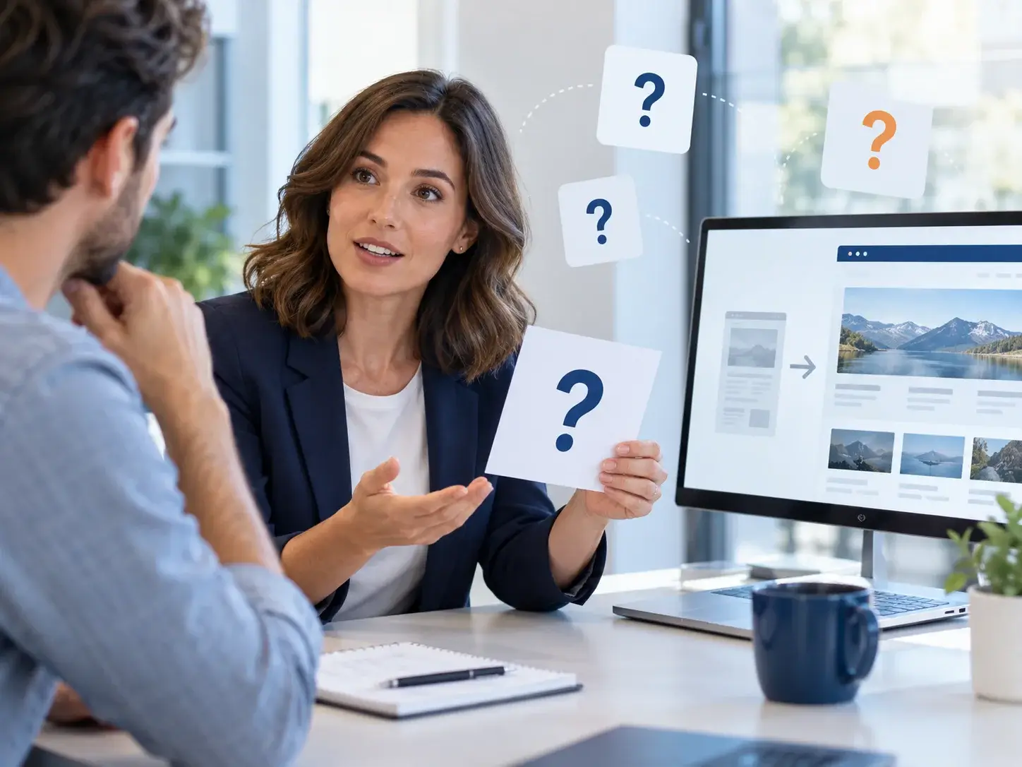 An advisor answering a client's questions about a website redesign, with floating question-mark cards for scope, SEO and migration