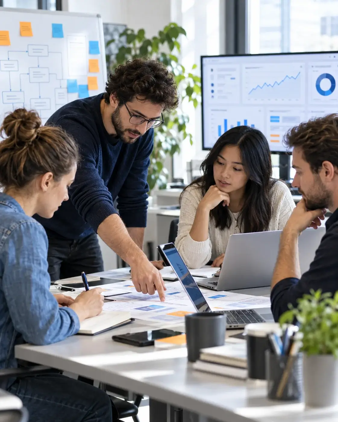 A content team planning SEO pages around a table, keyword clusters mapped to pages on screen, with drafts and notes on paper