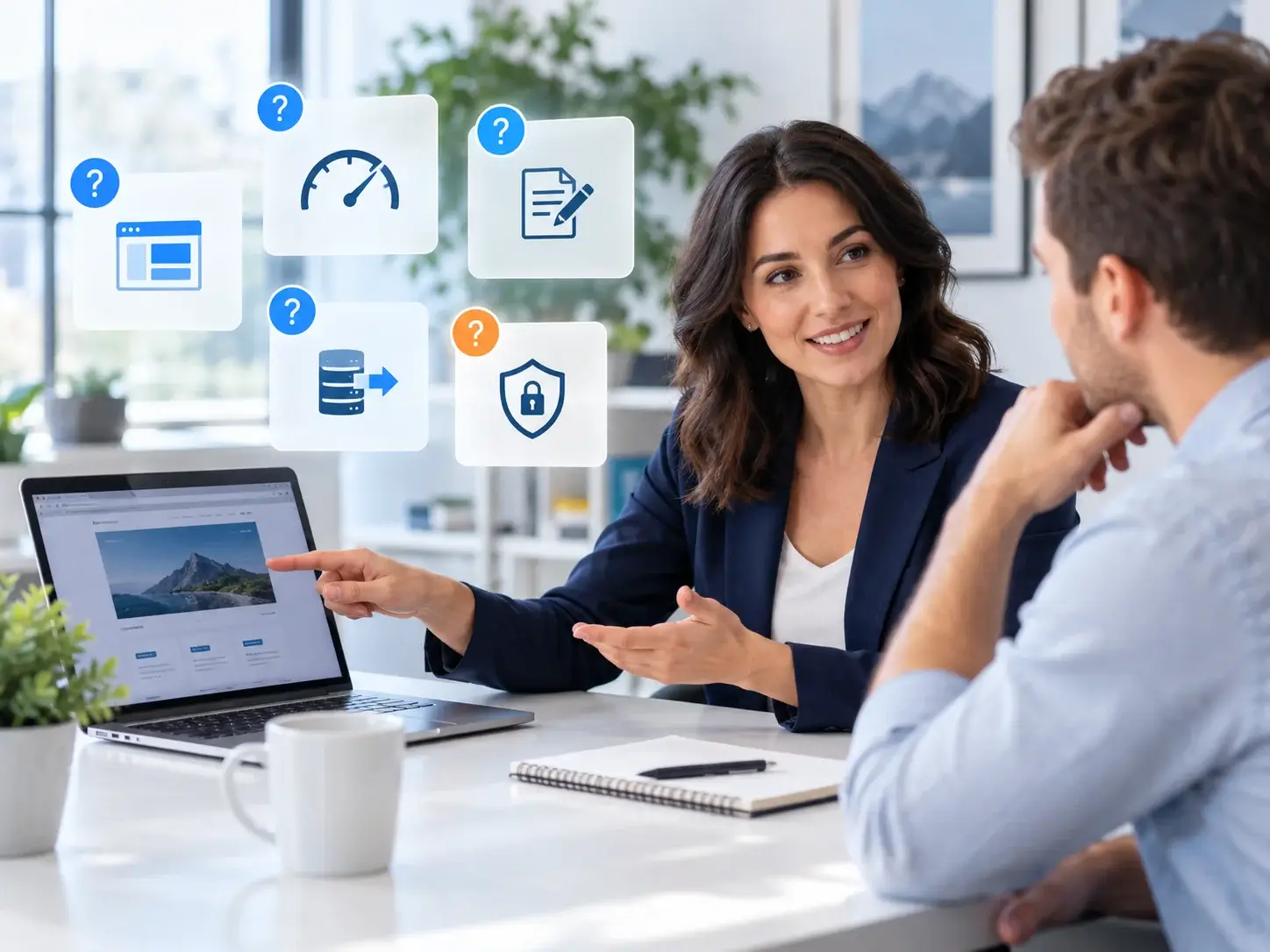 An advisor answering a client's questions about WordPress websites, with floating question-mark cards for hosting, plugins and training