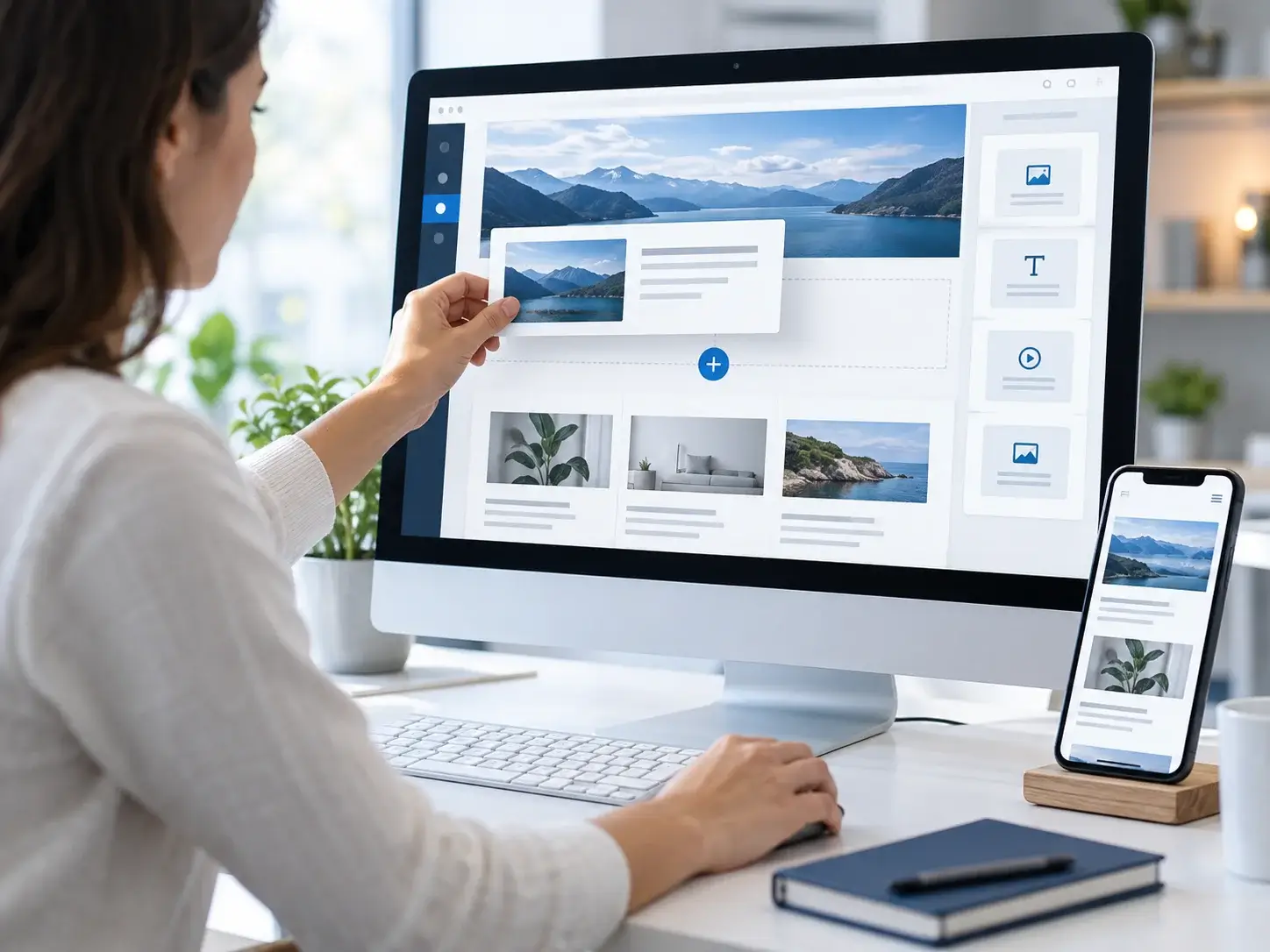 A person building a page in a WordPress-style visual editor, dragging in image, text and video blocks, with a live preview on a phone beside the screen